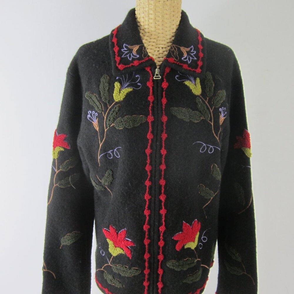 Tally Ho Womens S Black Boiled Wool Floral Full Zip Long Sleeve Jacket Cardigan - Picture 10 of 16